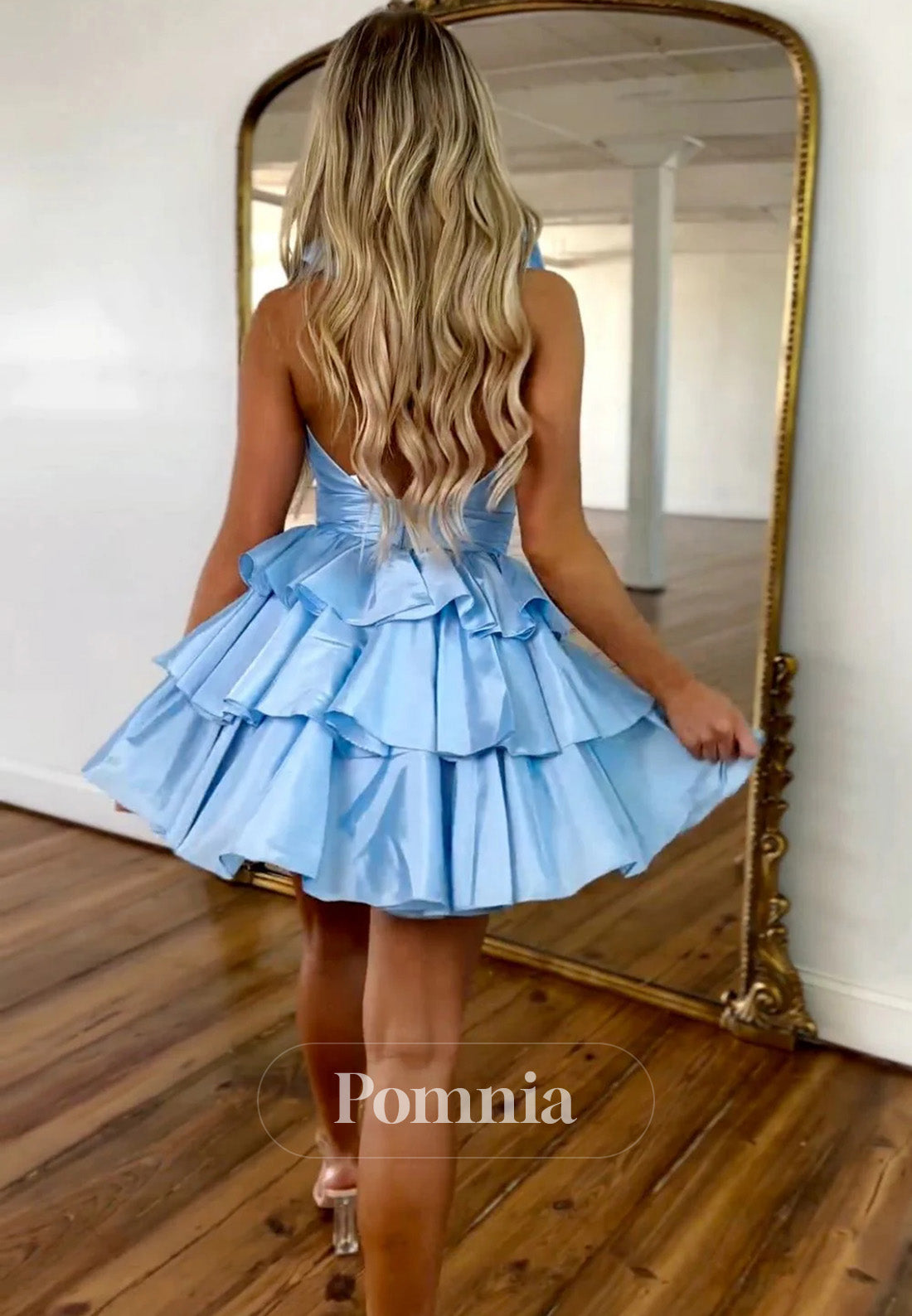 Light Blue A-Line Halter Neck Short Tiered Homecoming Dress
