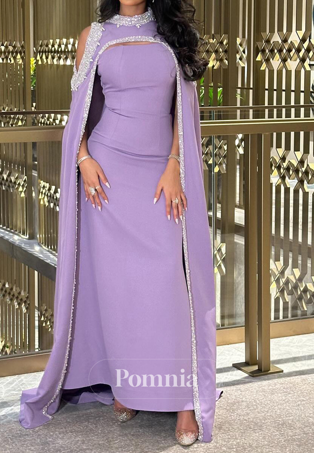 Lilac Cape Scoop Sequins Ruched Evening Dress