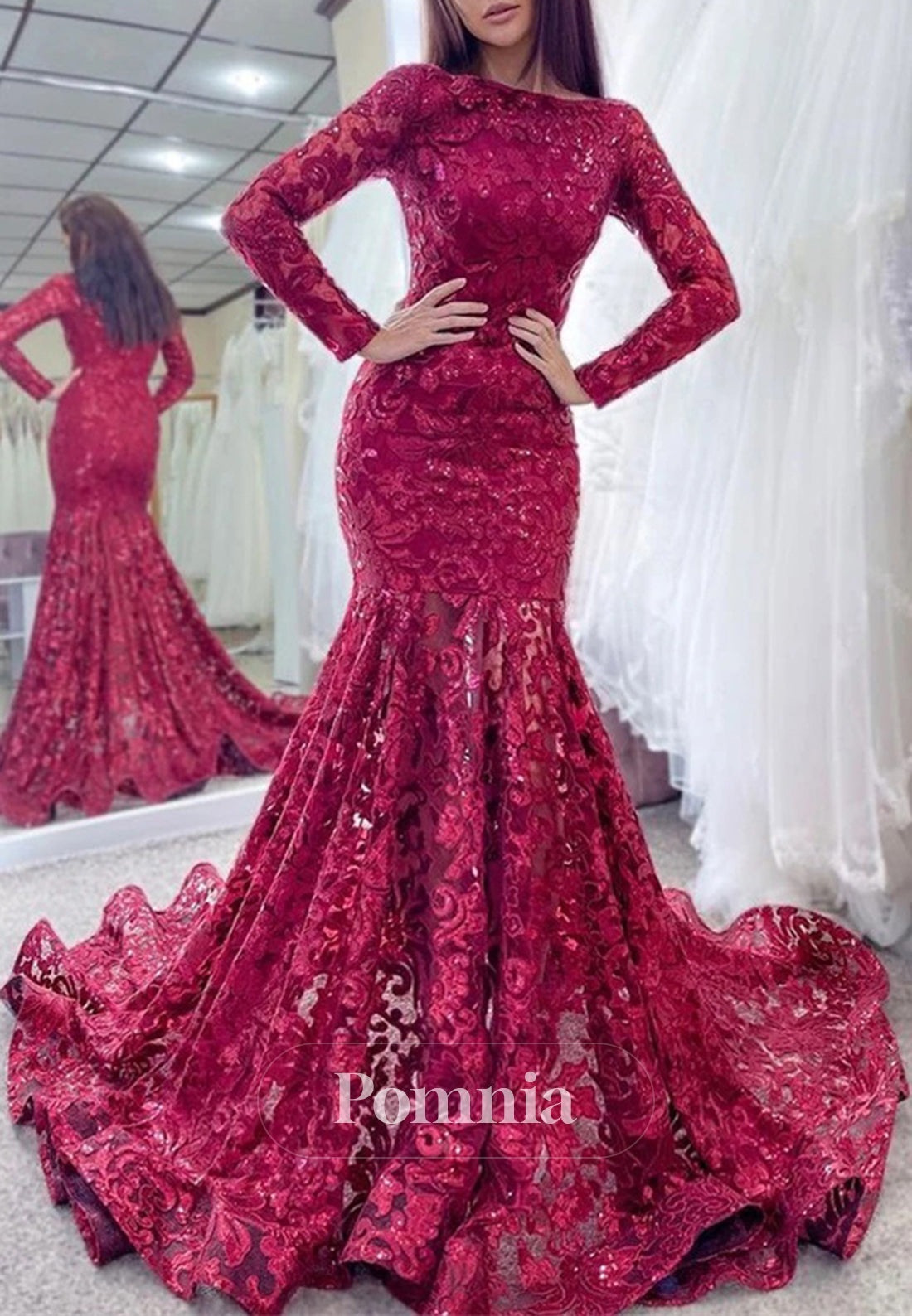 Long Sleeves Scoop Corset Lace Mermaid Prom Dress