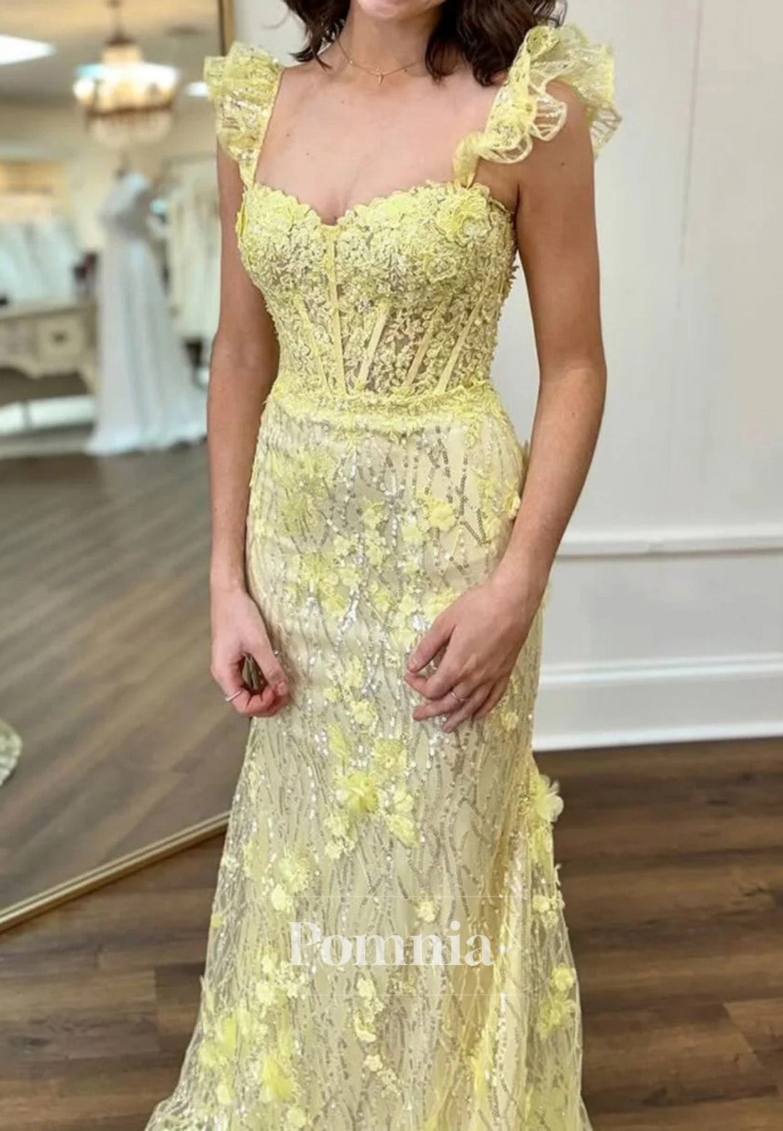 Lovely Yellow Mermaid Long Glitter Prom Party Dress with Appliques