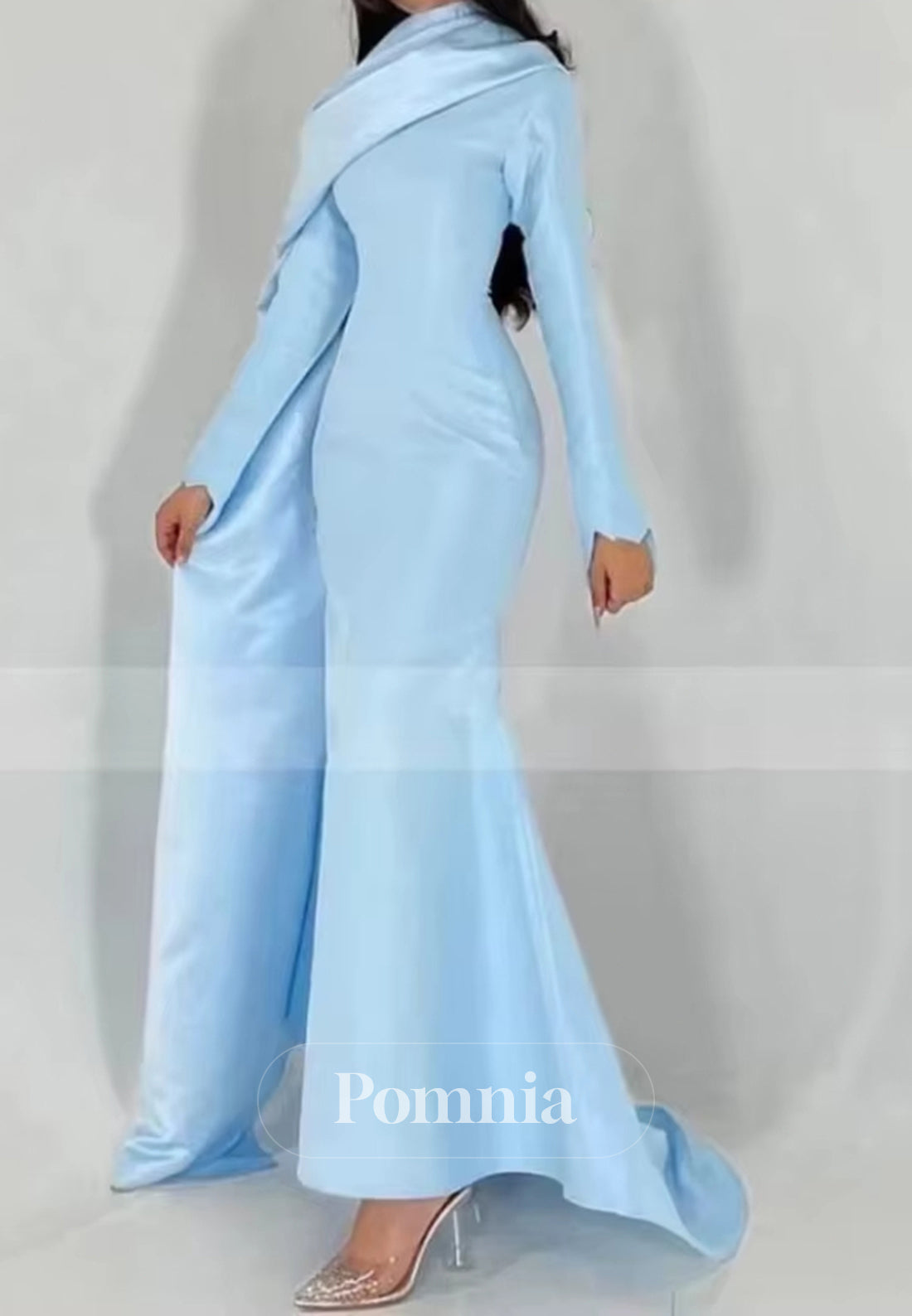 Sky Blue Long Sleeves Scoop Ruched Corset Evening Dress