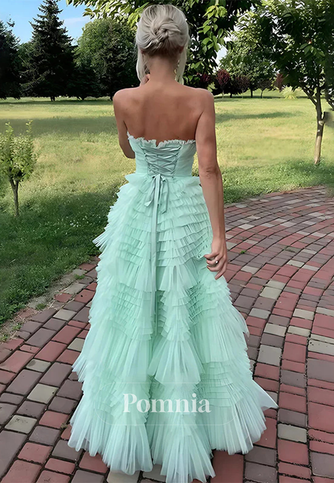 Mint Green A-Line Strapless Scoop Neck Tiered Tulle Prom Dress