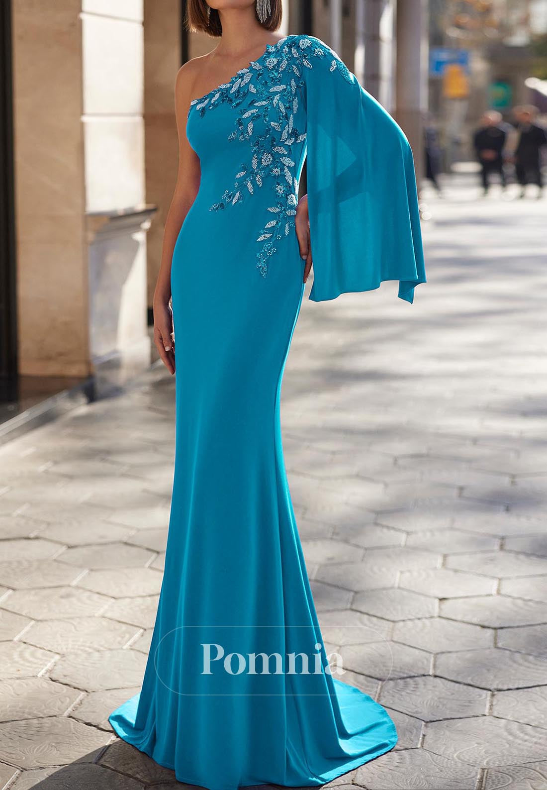 Modern One Shoulder Long Sleeves Appliques Evening Dress