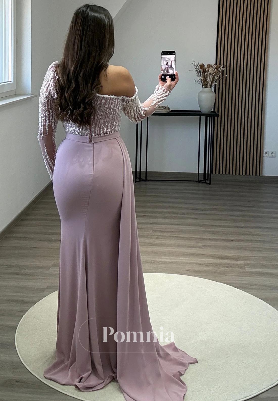 Mermaid Long Sleeves Appliques Ruched Evening Dress