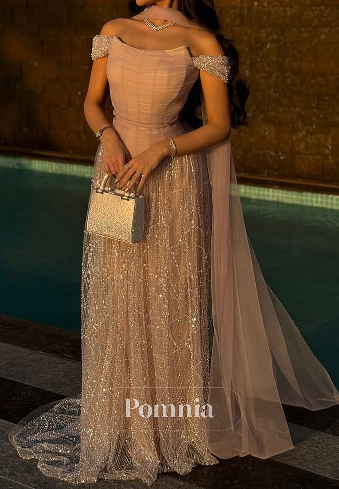 Off-Shoulder Pleated Beaded Embroidery Sparkly A-Line Evening Dress