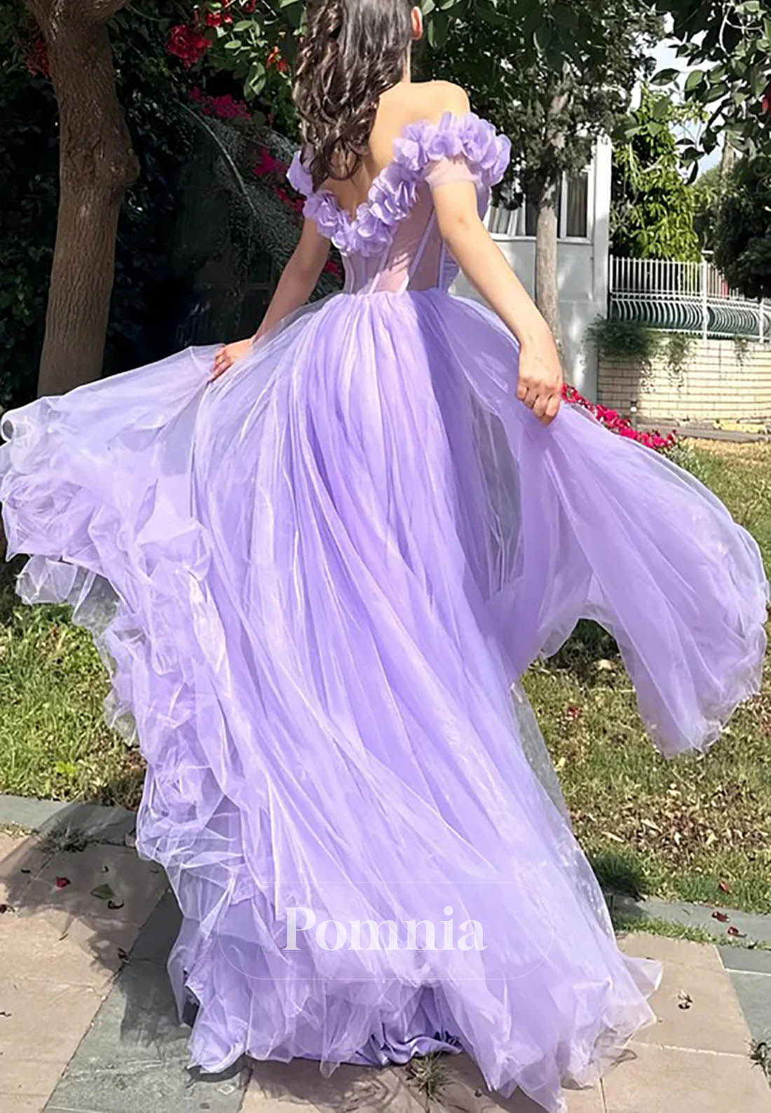 Off-Shoulder Pleated Floral High Slit Prom Dress