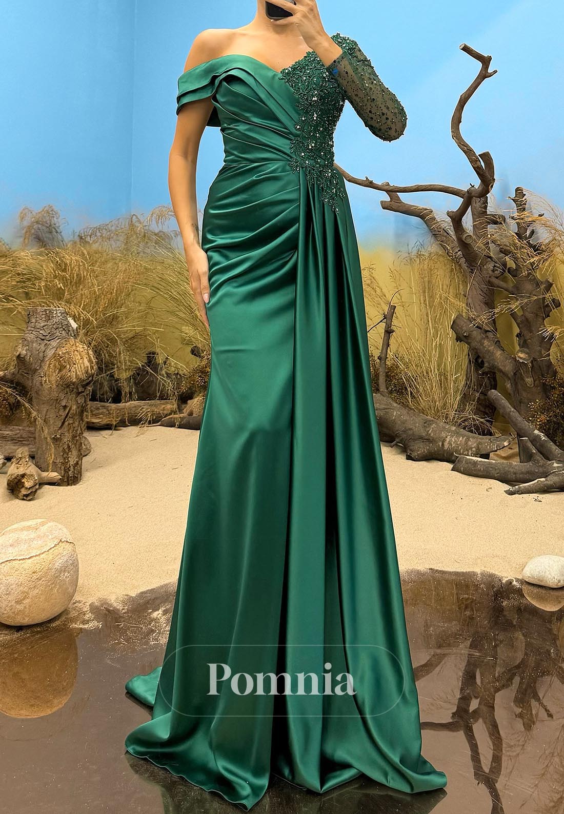One Shoulder Long Sleeves Slit Ruched Evening Dress