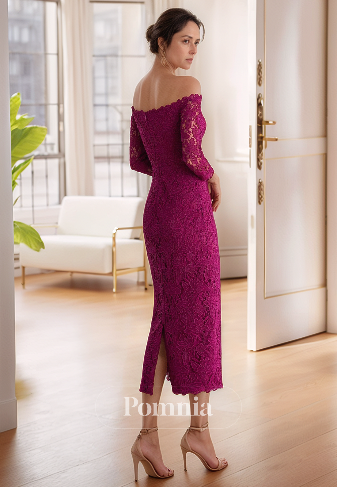 Orchid Off-Shoulder Long Sleeves Knee-Length Mother of the Bride Dress