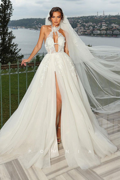 P3052 - Romantic High Neck High Split Sleeveless A-Line  Bohemian Wedding Dress