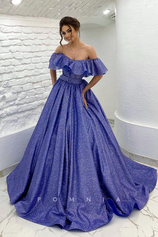 P1020 - Off-Shoulder Scoop Pleated Glitter Ball Gowns Prom Princess Party Dress