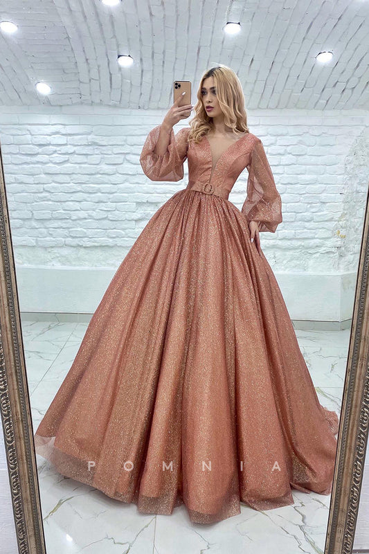P1023 - Ball Gowns V-Neck Long Sleeves Glitter Prom Party Princess Dress with Belt