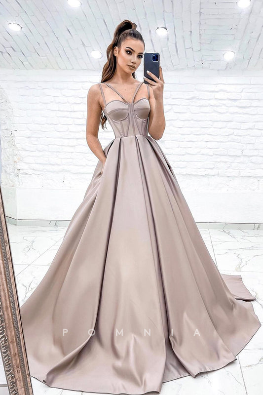 P1024 - Spaghetti Straps Sweetheart Pleats Satin Prom Party Formal Dress with Pockets