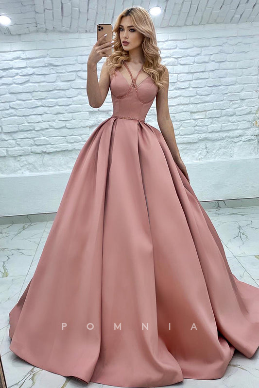 P1025 - Elegant Straps Pleats Satin Sleeveless Prom Formal Party Dress