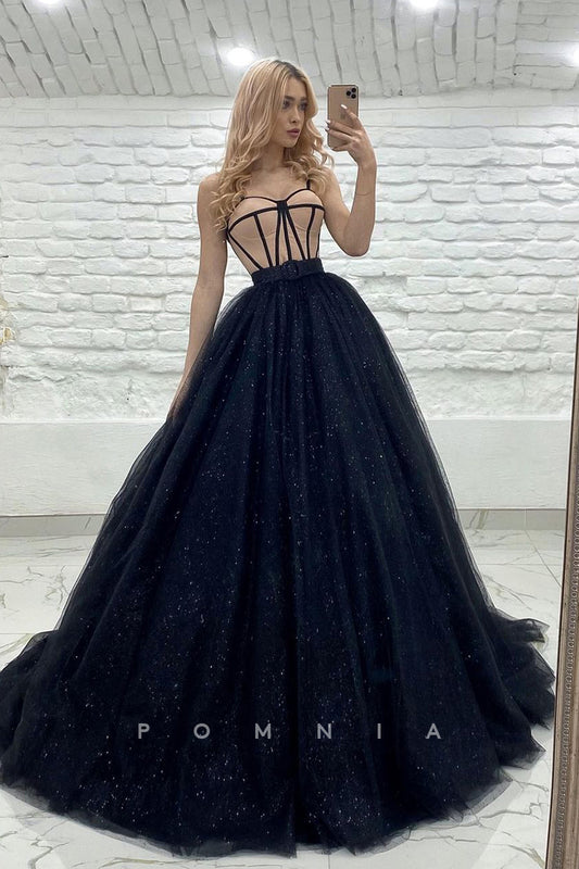 P1028 - Spaghetti Straps Sweetheart Sleeveless Glitter Prom Party Dress with Belt