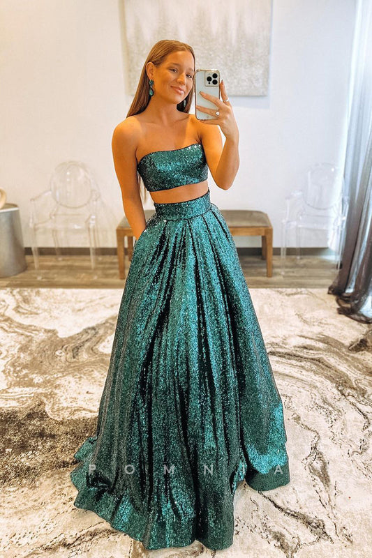 P1029 - Two Piece Strapless Full Sequins Pleats  Prom Party Formal Dress with Pockets