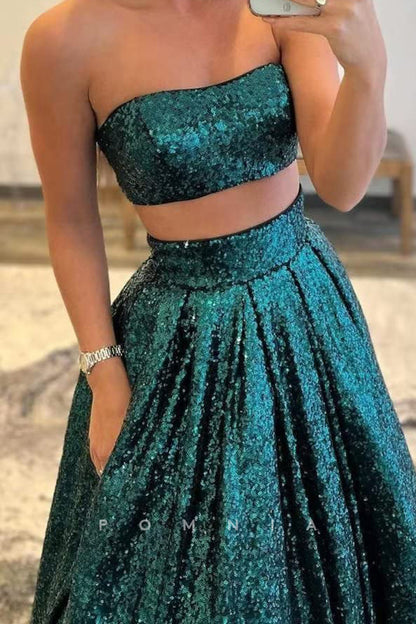 P1029 - Two Piece Strapless Full Sequins Pleats  Prom Party Formal Dress with Pockets
