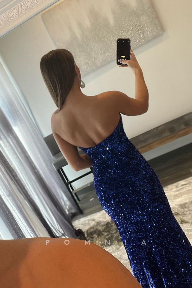 P1031 - Off-Shoulder Scoop Full Sequins Sleeveless Prom Formal Party Dress with Slit