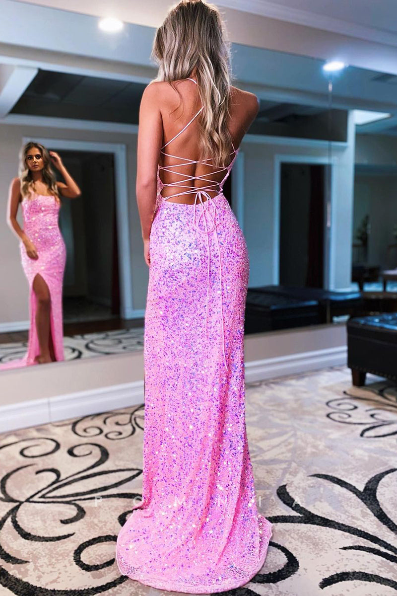 P1033 - Spaghetti Straps Scoop Sequins Prom Formal Party Dress with Split