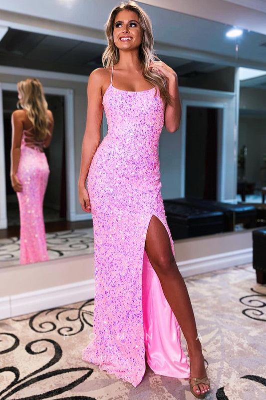 P1033 - Spaghetti Straps Scoop Sequins Prom Formal Party Dress with Split