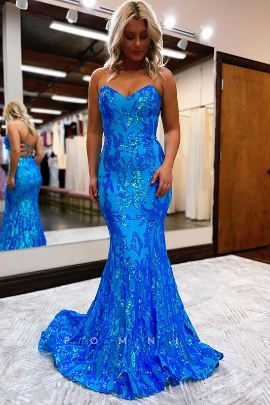 P1042 - Strapless Sweetheart Appliques Sleeveless Mermaid Prom Party Formal Dress