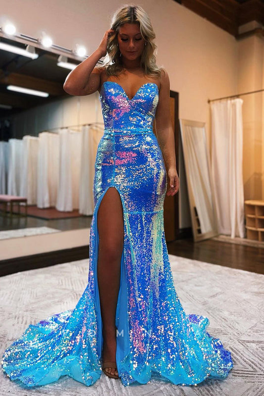 P1043 - Glitter Strapless V-Neck Side Slit Mermaid Sleeveless Prom Party Dress