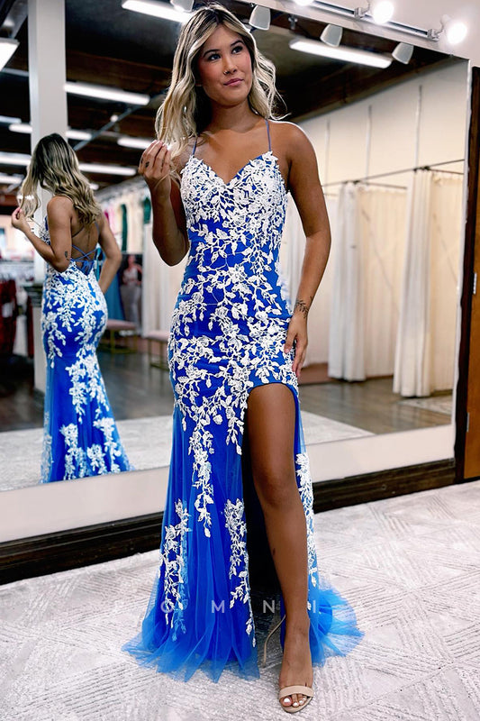 P1046 - Spaghetti Straps Lace Appliques Side Slit Prom Party Formal Dress