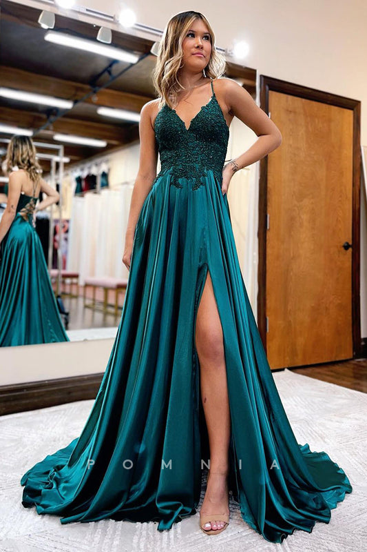 P1050 - A-Line Spaghetti Straps Pleated Side Slit Prom Party Formal Dress with Pockets