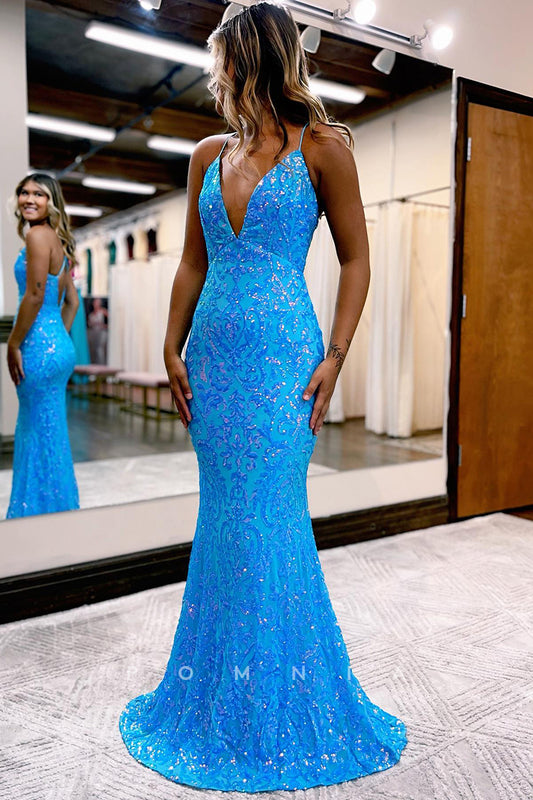 P1062 - Plunging V-Neck Straps Appliques Mermaid Party Formal Prom Dress