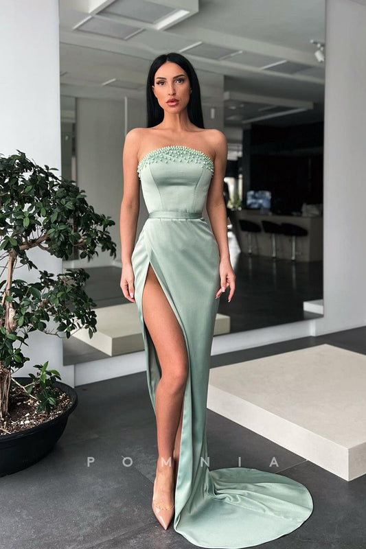 P1073 - Off-Shoulder Scoop Top Beads High Slit Sleeveless Party Formal Prom Dress