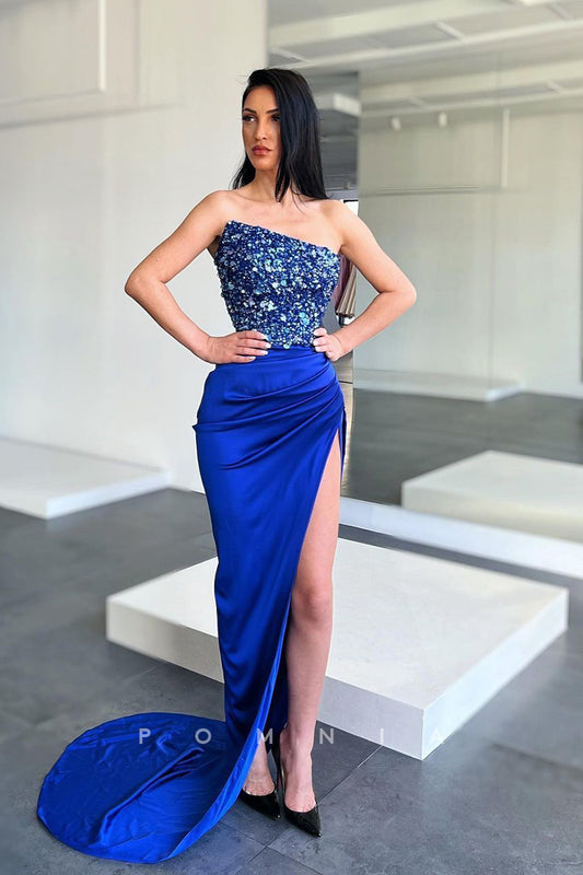 P1090 - Strapless Top Sequins Sleeveless High Slit Prom Party Formal Dress