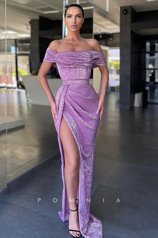 P1100 - Elegant Strapless Pleats High Slit Glitter Purple Prom Party Dress