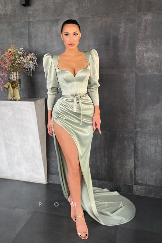 P1112 - Elegant Long Sleeves Sweetheart Pleats Party Prom Formal Dress with Split