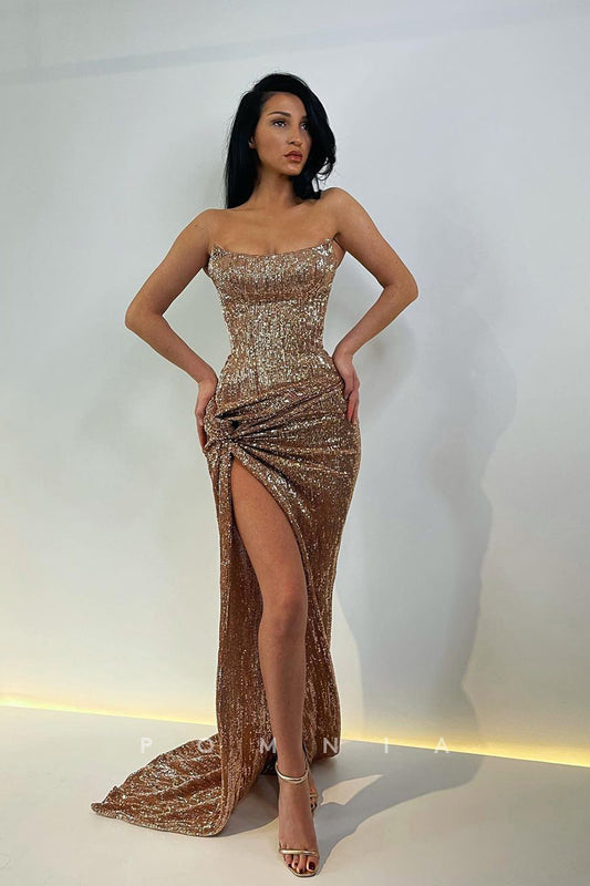 P1098 - Glitter Strapless Scoop Pletas Full Sequins Prom Party Formal Dress with Slit
