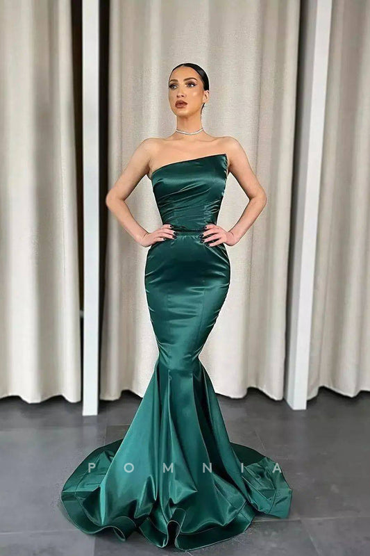 P1132 - Strapless Ruched Sleeveless Mermaid Satin Long Party Prom Dress