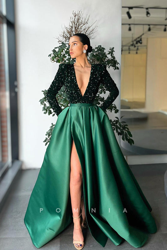 P1137 - A-Line Long Sleeves Top Sequins Slit Prom Formal Dress with Pockets