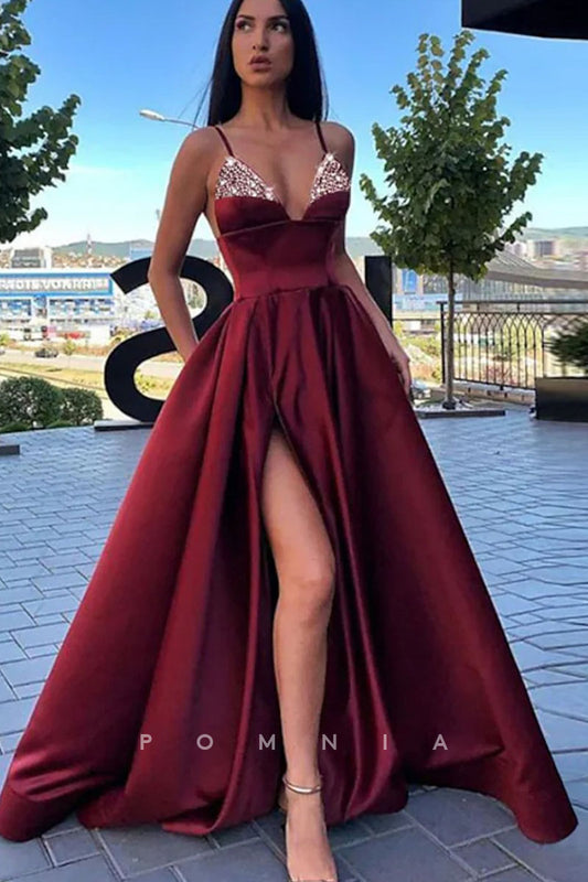 P1140 - Spaghetti Straps Top Beads V-Neck Slit Prom Party Dress with Pockets