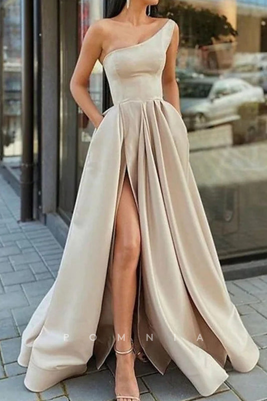 P1142 - One Shoulder A-Line Pleats Side Slit Satin Party Prom Formal Dress with Pockets
