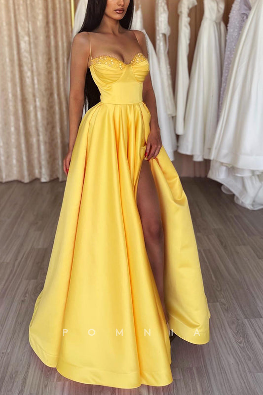 P1163 - Spaghetti Straps A-Line Sweetheart Party Formal Prom Dress with Slit