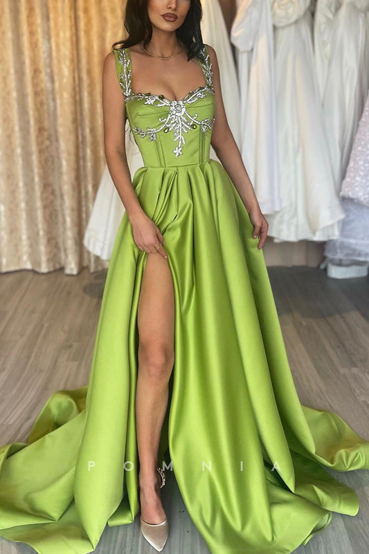 P1164 - A-Line Straps Beads Sleeveless Pleated Formal Prom Party Dress with Slit
