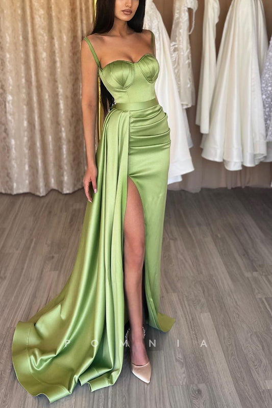 P1167 - Double Straps Sweetheart Pleats High Slit Sleeveless Party Prom Dress