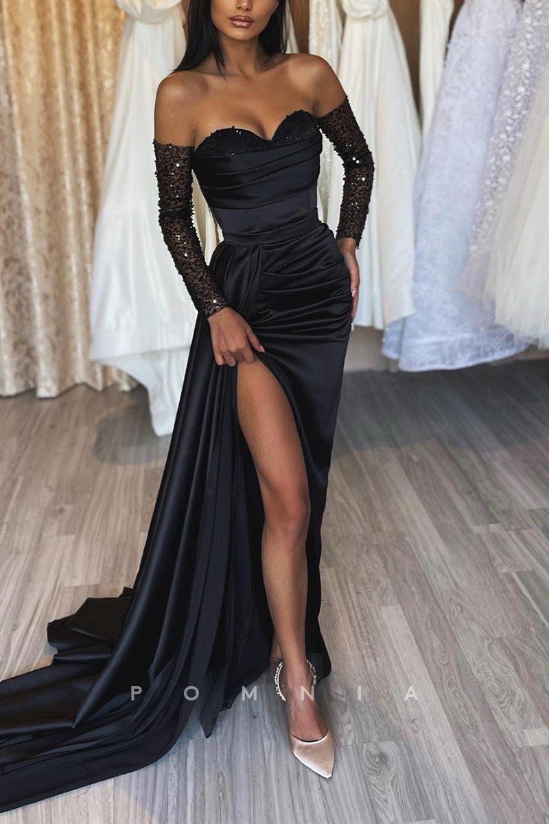 P1183 - Chic Strapless Beads Sweetheart Pleats Formal Prom Party Dress with Sleeves