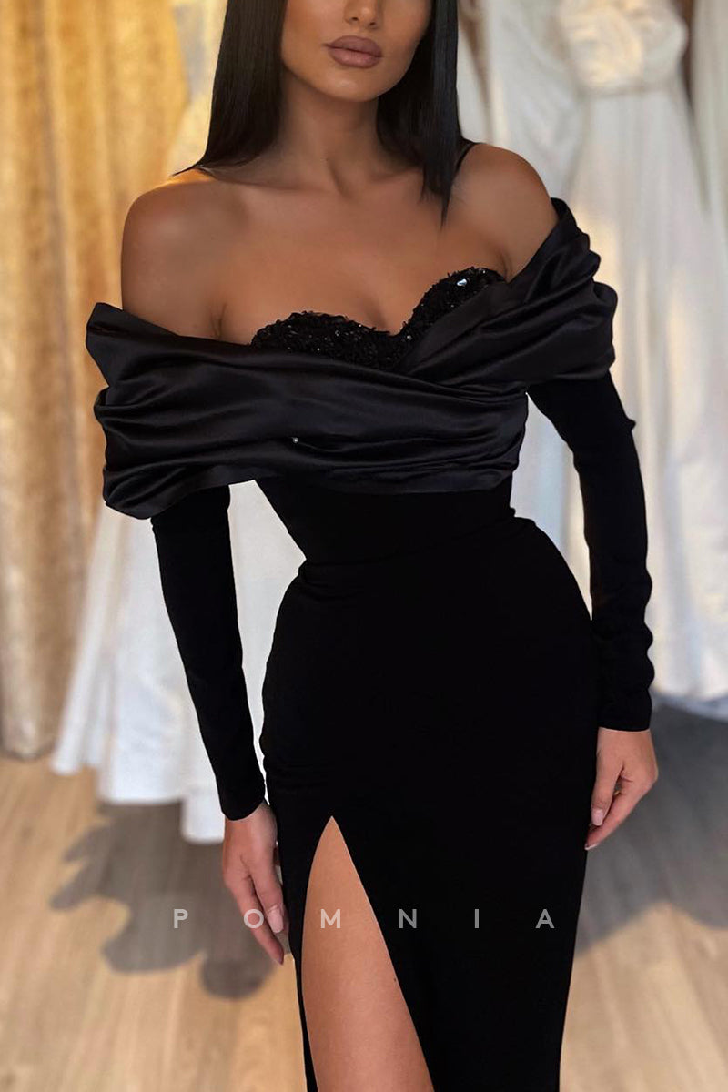 P1189 - Strapless Beads Sweetheart Side Slit Formal Prom Party Dress with Sleeves