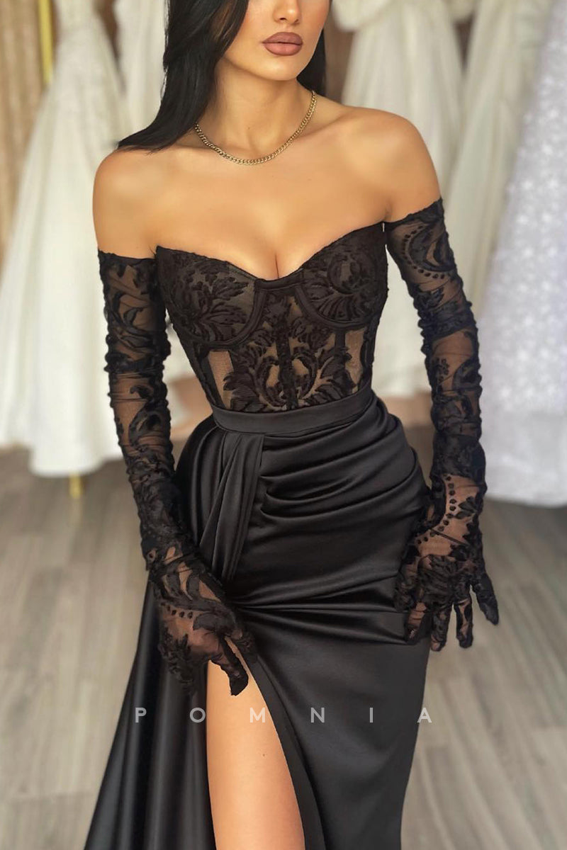 P1195 - Charming Strapless V-Neck Appliques Side Slit Formal Prom Dress with Sleeves