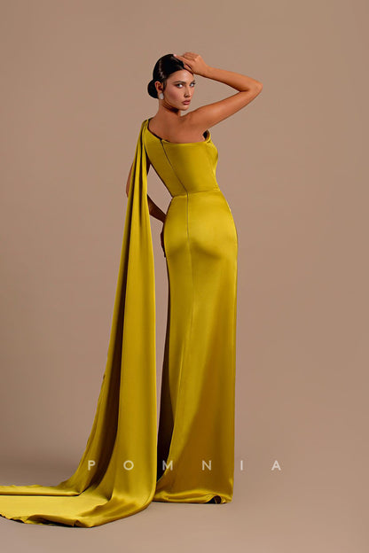 P1200 - Classy One Shoulder High Slit Pleats Sleeveless Long Prom Evening Dress