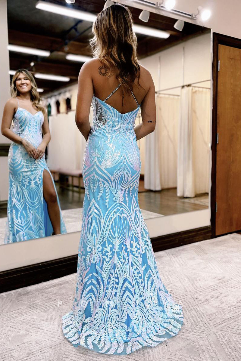 P1284 - Spaghetti Straps V-Neck Sequins Appliques Evening Prom Dress with Slit