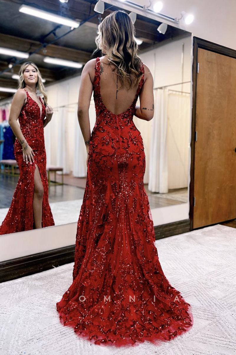 P1292 - Plunging V-Neck Appliques Side Slit Mermaid Prom Formal Dress with Beading