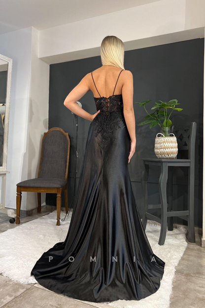 P1314 - Spaghetti Straps V-Neck Lace Appliques Side Slit Evening Prom Formal Dress