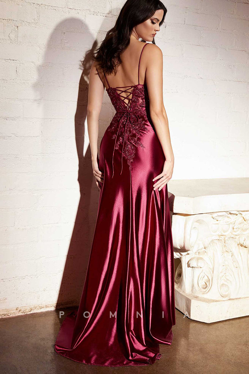 P1314 - Spaghetti Straps V-Neck Lace Appliques Side Slit Evening Prom Formal Dress