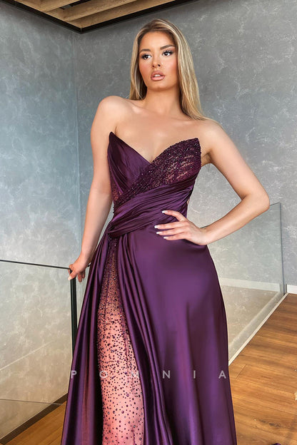 P1368 - A-Line Strapless V-Neck Beads Pleats Long Evening Formal Prom Dress with Slit