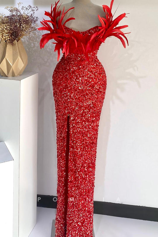 P1388 - Stunning Strapless Feathers  Scoop Sequined Prom Evening Dress with Split